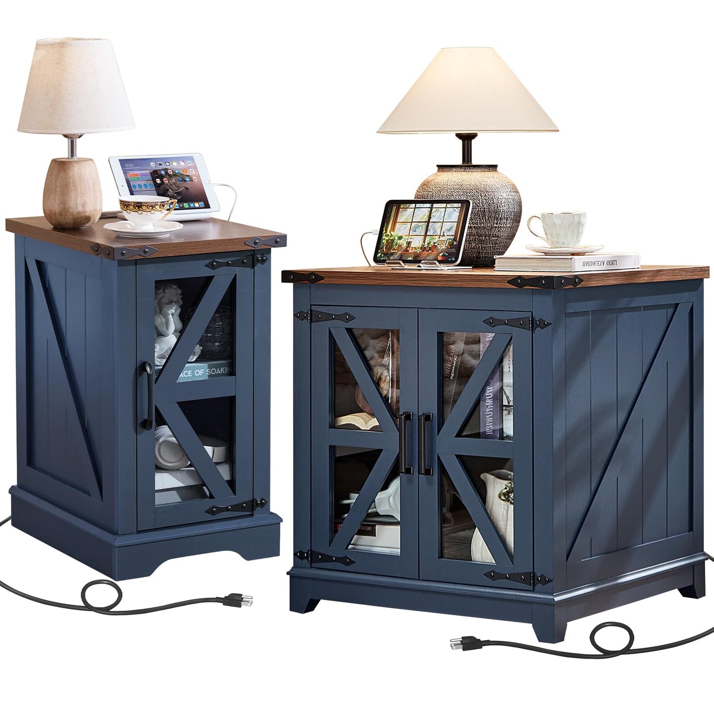 Joaxswe End Table Set 2 with Charger Station, Farmhouse 18'' Narrow Night Stand and 24" Square Side Table with Glass Barn Door Storage, Wood Nightstand Bedside Tables for Living Room Bedroom