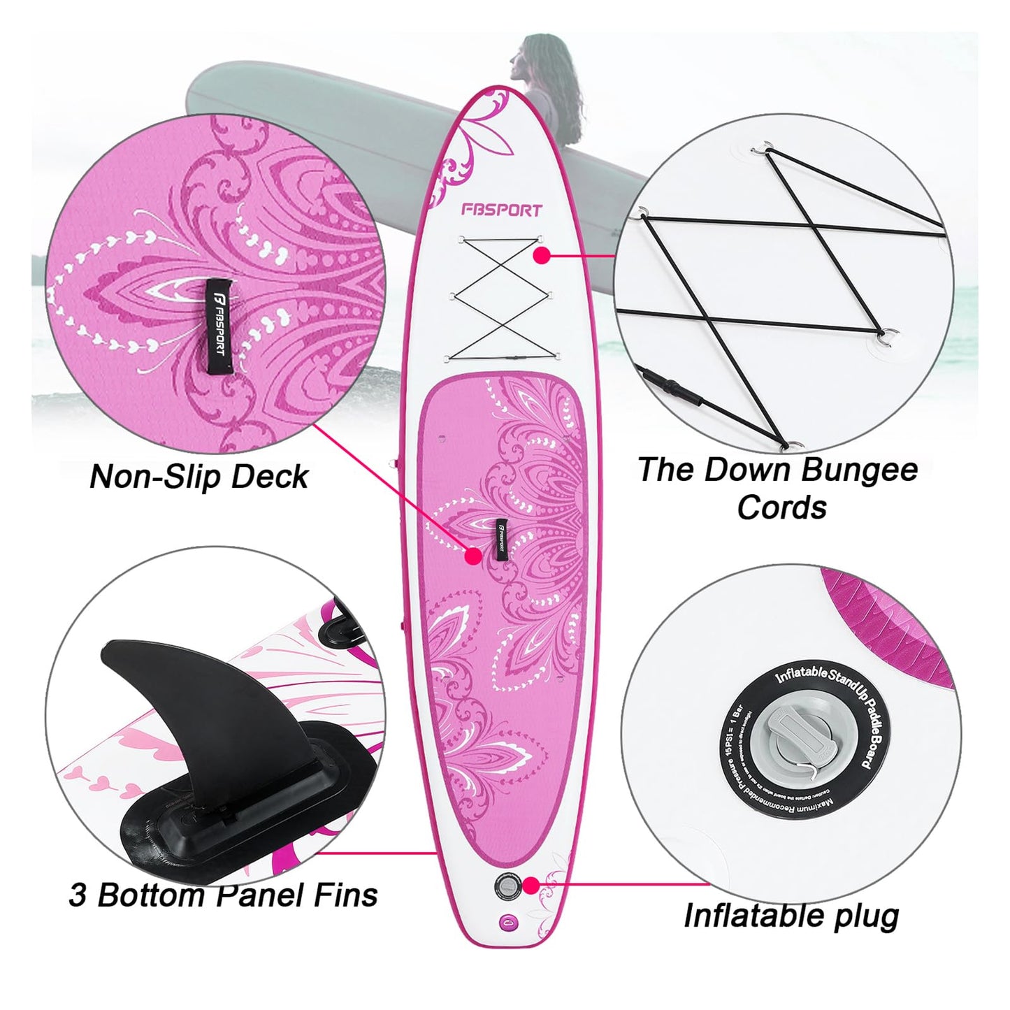 FBSPORT 11' Premium Stand Up Paddle Board, Yoga Board with SUP Accessories & Carry Bag | Wide Stance, Surf Control, Non-Slip Deck, Leash, Paddle and Pump for Youth & Adult (PurpleWhite)