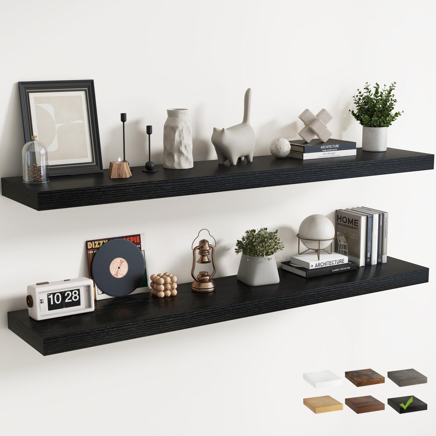 72 Inch Long Floating Shelves for Wall Set of 2, 12"D Wood Grain Bathroom Shelves with Invisible Brackets, Easy Install Engineered Wood Storage Shelves for Kitchen, Living Room, Bedroom, Black Finish