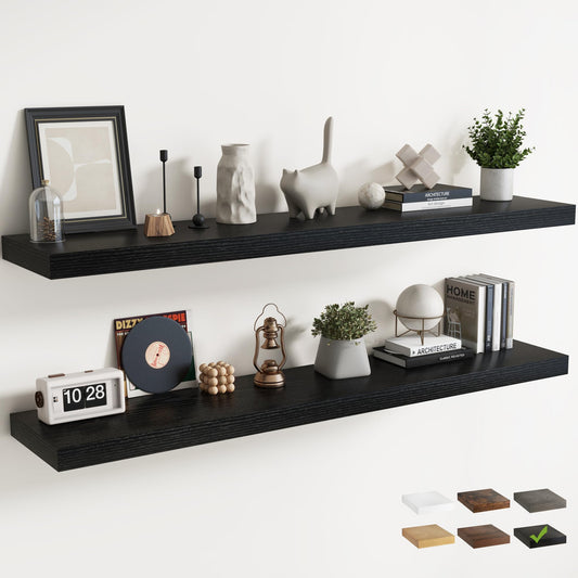 72 Inch Long Floating Shelves for Wall Set of 2, 12"D Wood Grain Bathroom Shelves with Invisible Brackets, Easy Install Engineered Wood Storage Shelves for Kitchen, Living Room, Bedroom, Black Finish