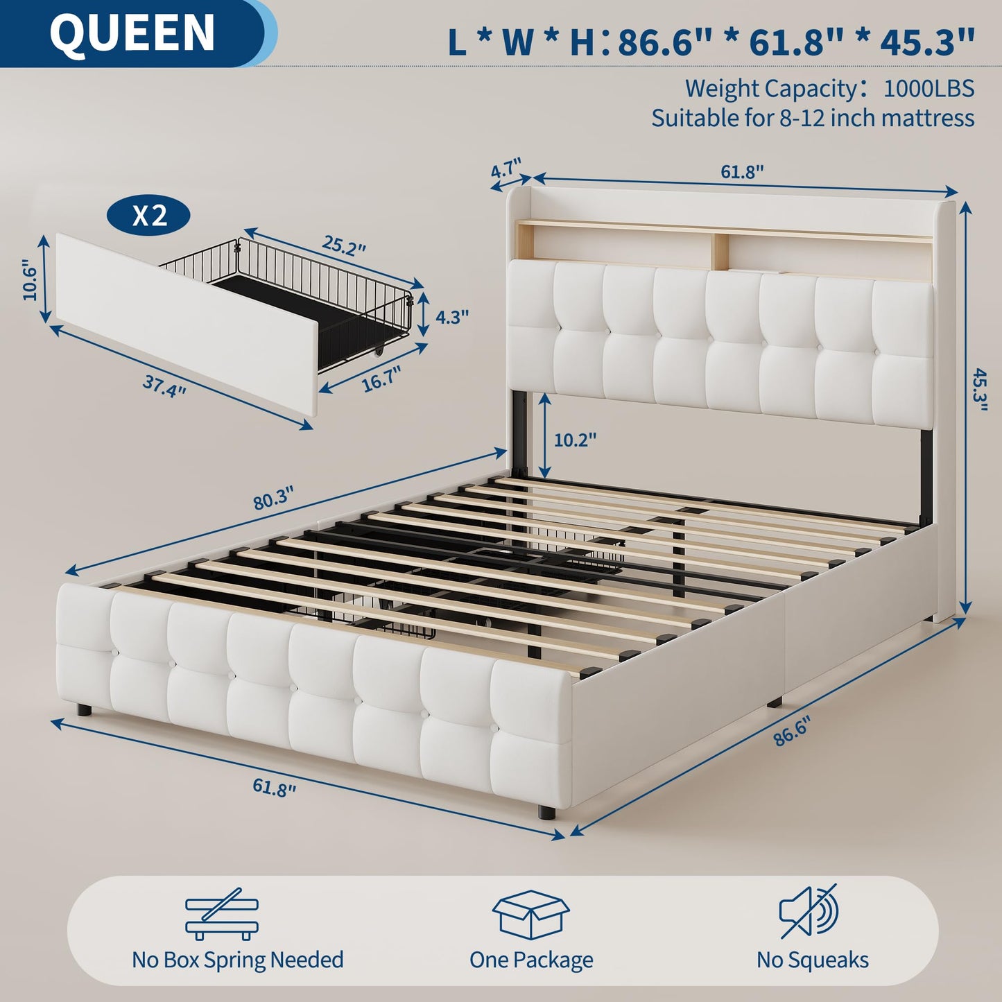 Garvee Queen Size Bed Frame with 2 Storage Drawers, Upholstered Bed Frame Queen with LED Light, Double-Layer Bedside Headboard with Charging Socket and USB Port, Soft Plush Fabric, White