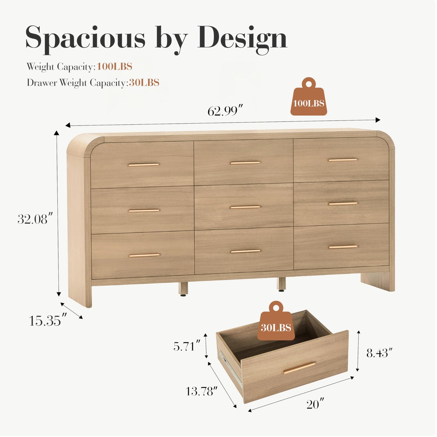 EliteSet Curved 9-Drawer Dresser for Bedroom, 63" Wide Modern Chest of Drawers, Vanity Desk TV Stand for Living Room, Closet Storage Drawers Organizer Furniture, Nursery, Hallway, Grey Oak