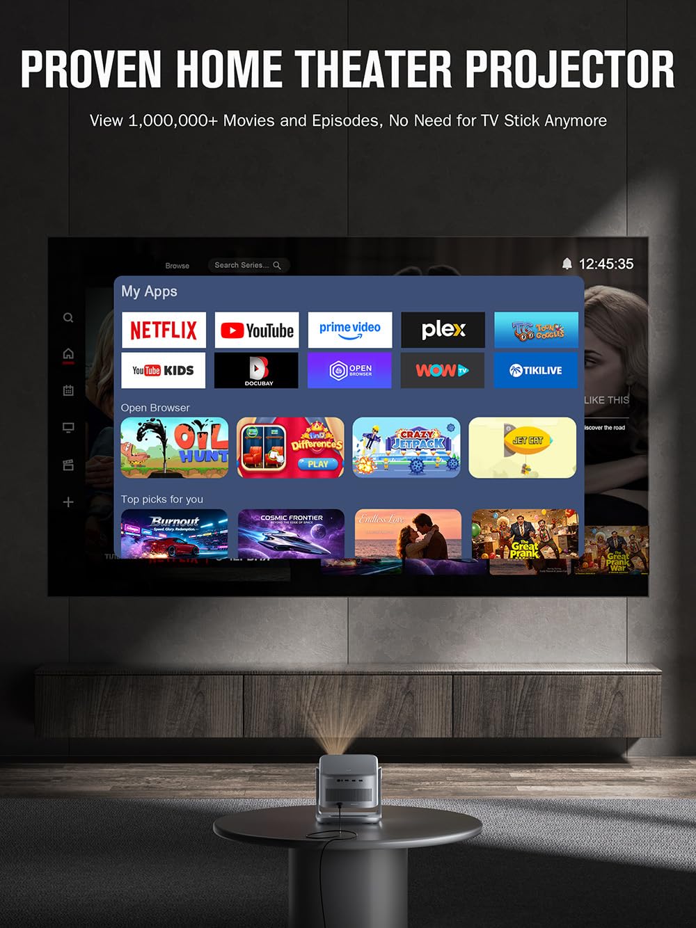 【3000ANSI & Officially-Licensed APP】Smart 4K Projector with WiFi and Bluetooth, VISSPL 3D Dolby Audio and Auto Focus Portable Outdoor Projector, Movie Home Theater Proyector with 360° Adjustable Stand