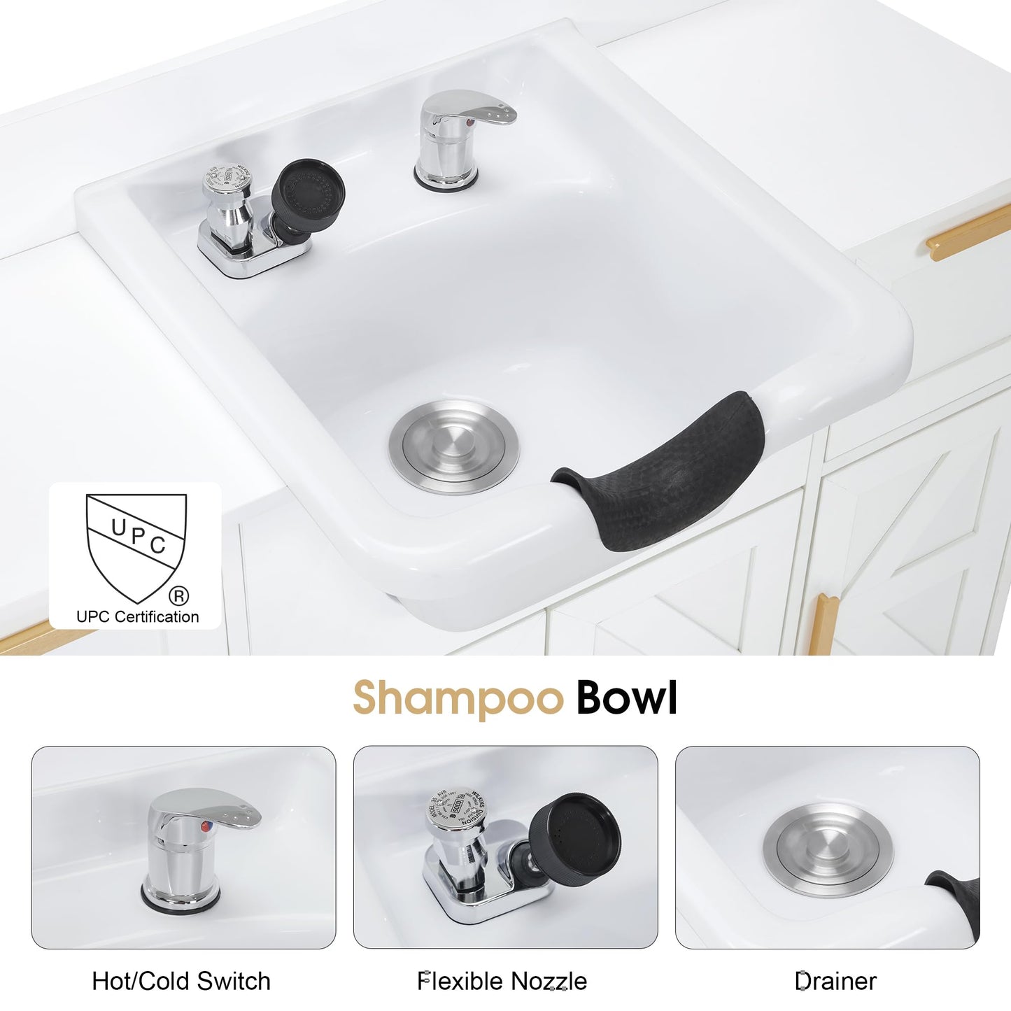 BarberPub Portable Shampoo Station, Shampoo Bowl with Cabinet & Drawer, Salon Geometric Finish Station with Sprayer Faucet, Barber Storage Equipment with Hair Wash Backwash Sink 3439 (All White)