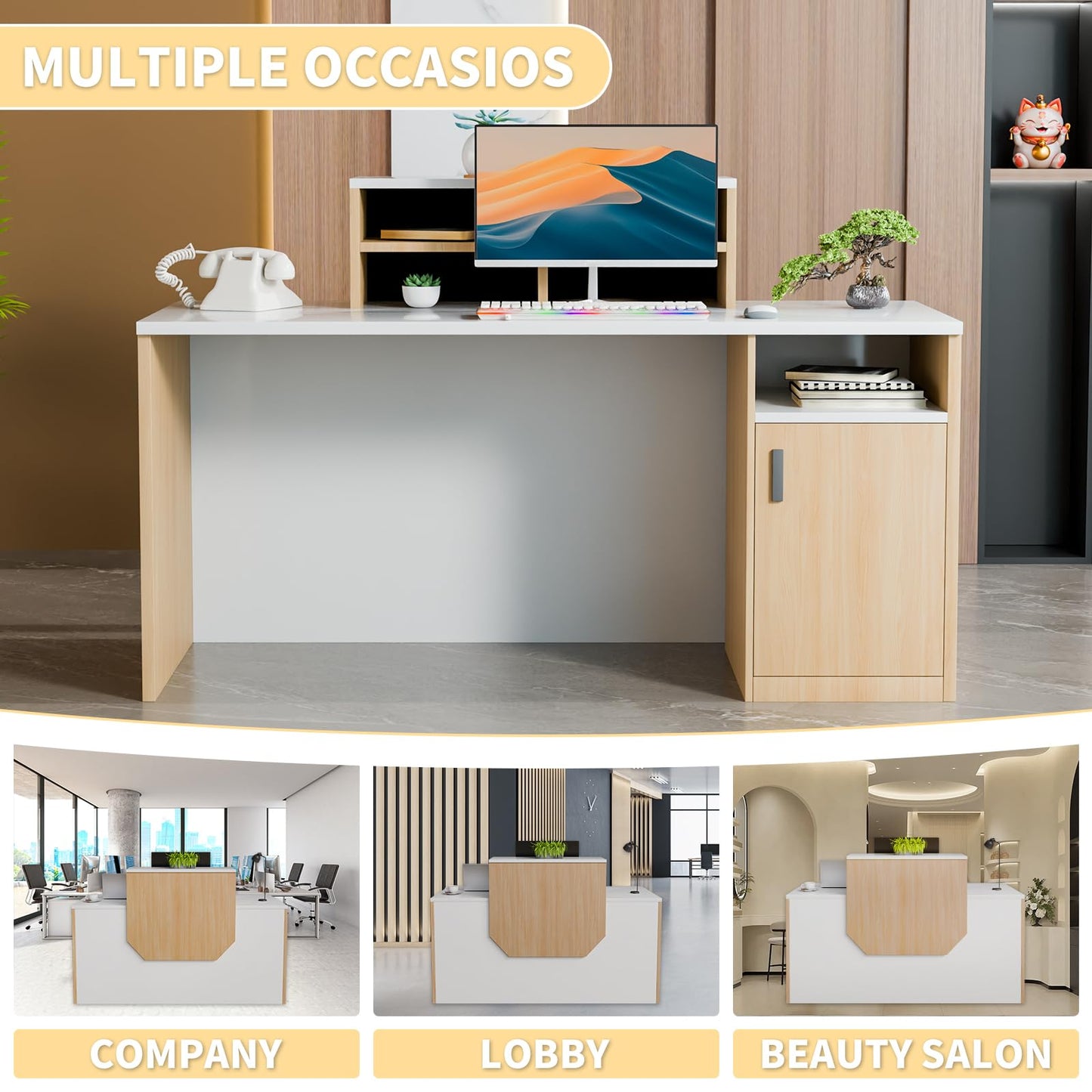 Reception Desk with Counter, Modern Office Front Desk with Open Storage Shelves, 63" Retail Counter Table with Cable Grommet for Checkout, Hotel Lobby, Beauty Salon, Home Offices, Retail Store