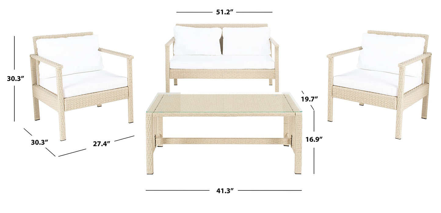 Safavieh Outdoor Collection Garnen Beige Wicker Cushion 4-Piece Living Set PAT7714B, Grey/White