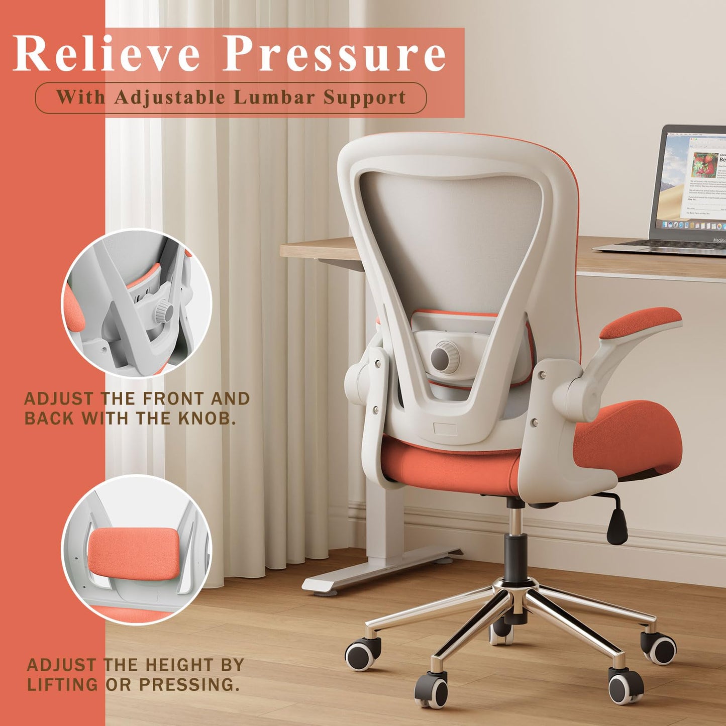 VOTRENIX Orange Ergonomic Office Desk Chair, Soft Fabric Thickened Curved seat Cushion with Adjustable Lumbar Support, Perfect Blend of Comfort and Good Looks, Ideal Chair for Home or Office, Orange