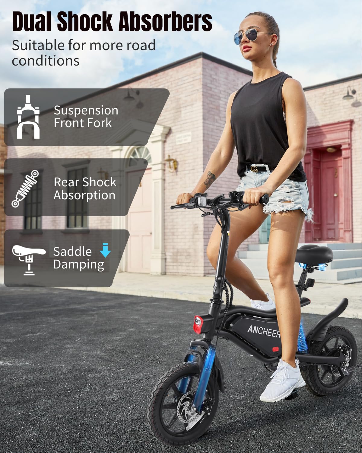 ANCHEER 14" Folding Electric Bike for Teens, 500W Max Motor, 19.8MPH City Ebike, Triple Shock Absorber, 48V 374Wh Battery, Brake Taillight,Cruise Control, Electric Bicycle for Adults, UL2849 Compliant