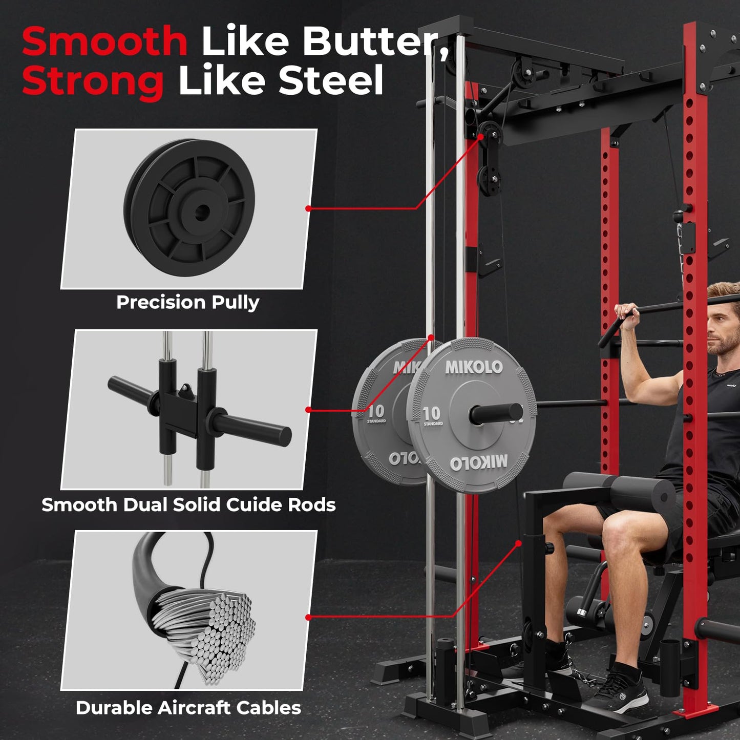 Mikolo F4 2.0 Power Cage with Dual-Track Smooth Pulley System, 1200LBS Power Rack with Leg Hold-Down for Heavy LAT Pulldowns, All-in-One Squat Rack with More Training Attachments for Home Gym (Red)
