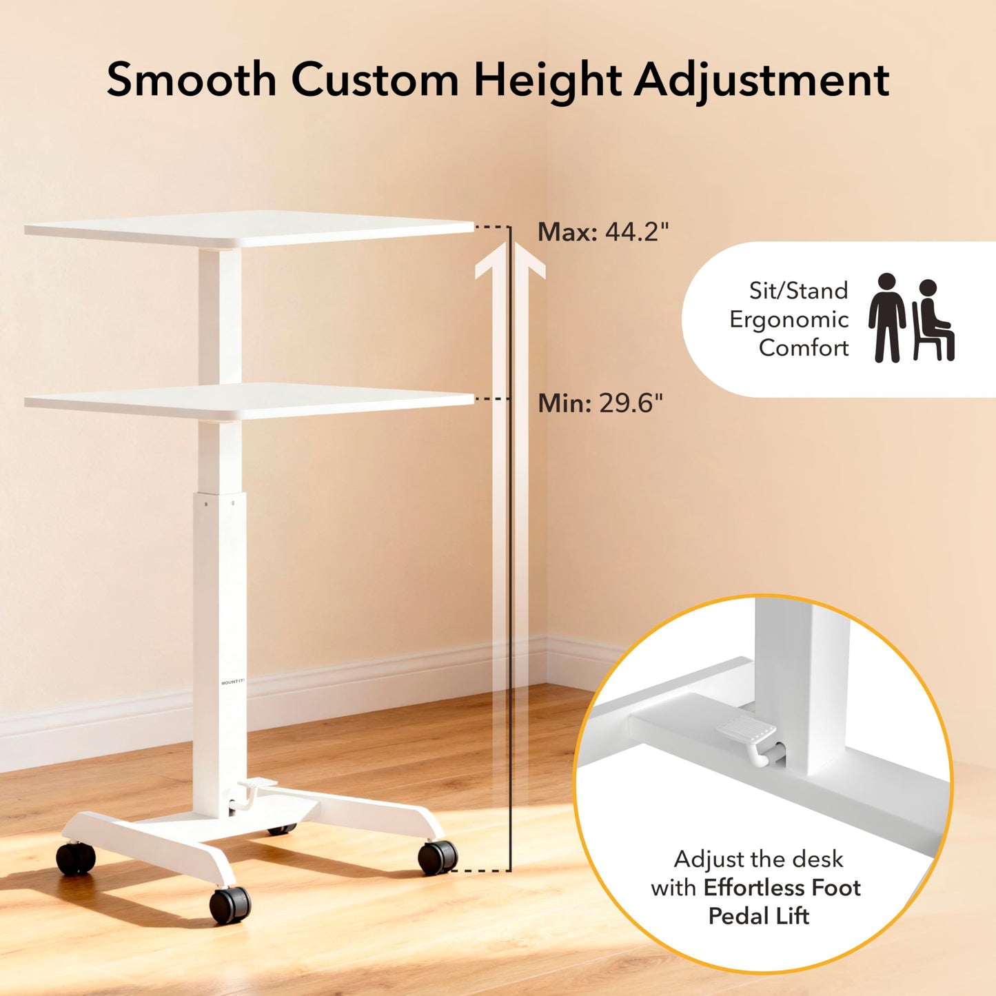 Mount-It! Adjustable Rolling Laptop Desk, Mobile Standing Desk with Wheels, Small Sit-Stand Computer Cart for Home, Office, or Classroom, 29.6–44.2" Height, 23.6"x20.5" Desktop, White