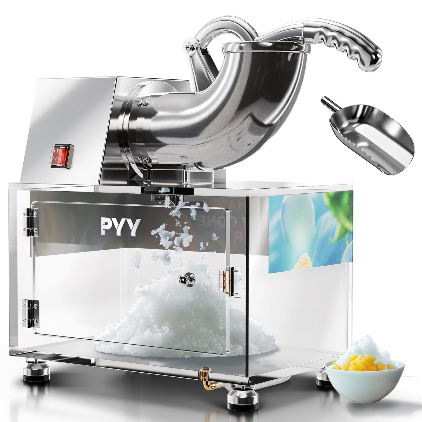 PYY Snow Cone Machine - Commercial Ice Crusher Shaver, Electric Crushed Shaved Snowcone Maker, Stainless Steel Full Body, Dual Blades, Acrylic Box and Drain Pipe, All-Copper Motor 440LBS/H