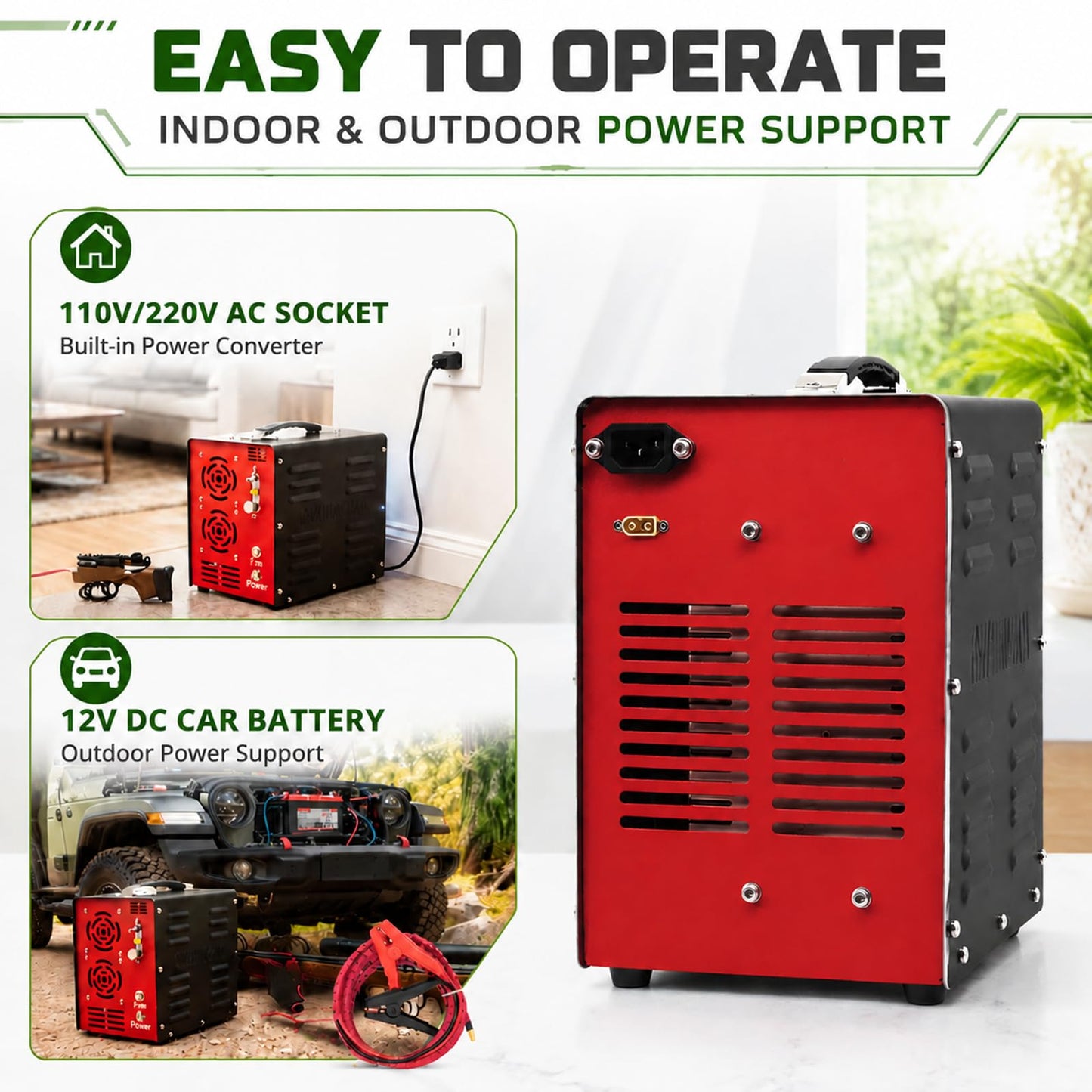PORTAIR 4500PSI Portable HPA Compressor,Auto-Stop, Oil/Water-Free, Built-in Power Converter PCP Air Compressor for Air Rifle, Scuba Tank, Powered by Car Battery 12V DC or Home 110V AC (Black)