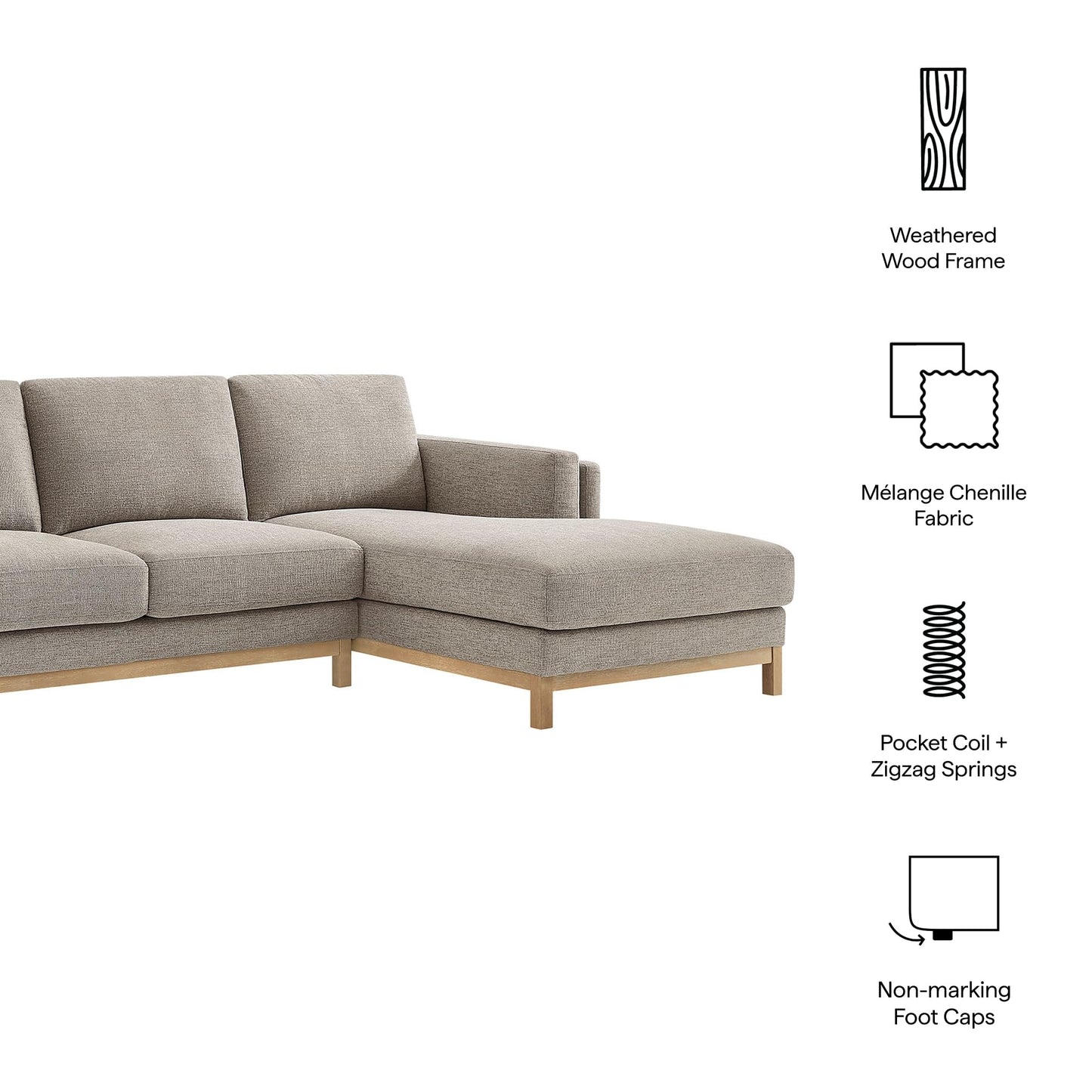 Modway Roscoe Right-Facing Sectional Sofa with Chaise in Pewter - 2-Piece Mélange Chenille Fabric Deep Seat Couch, L Shaped Modular for Living Room or Lounge