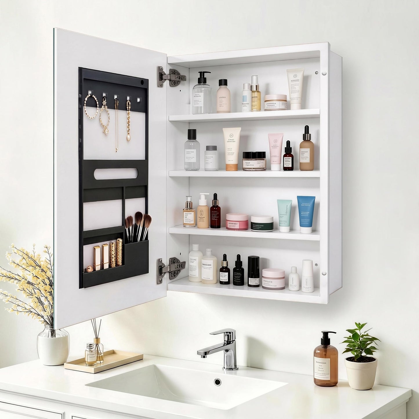 FUMANGO 22"x30" Metal Medicine Cabinet,Bathromm Mirror Cabinet with 2X Magnifying Mirror,Soft Closing Hinge,A Mirror Cabinet with a Bevel,Recessed or Surface Mount,White