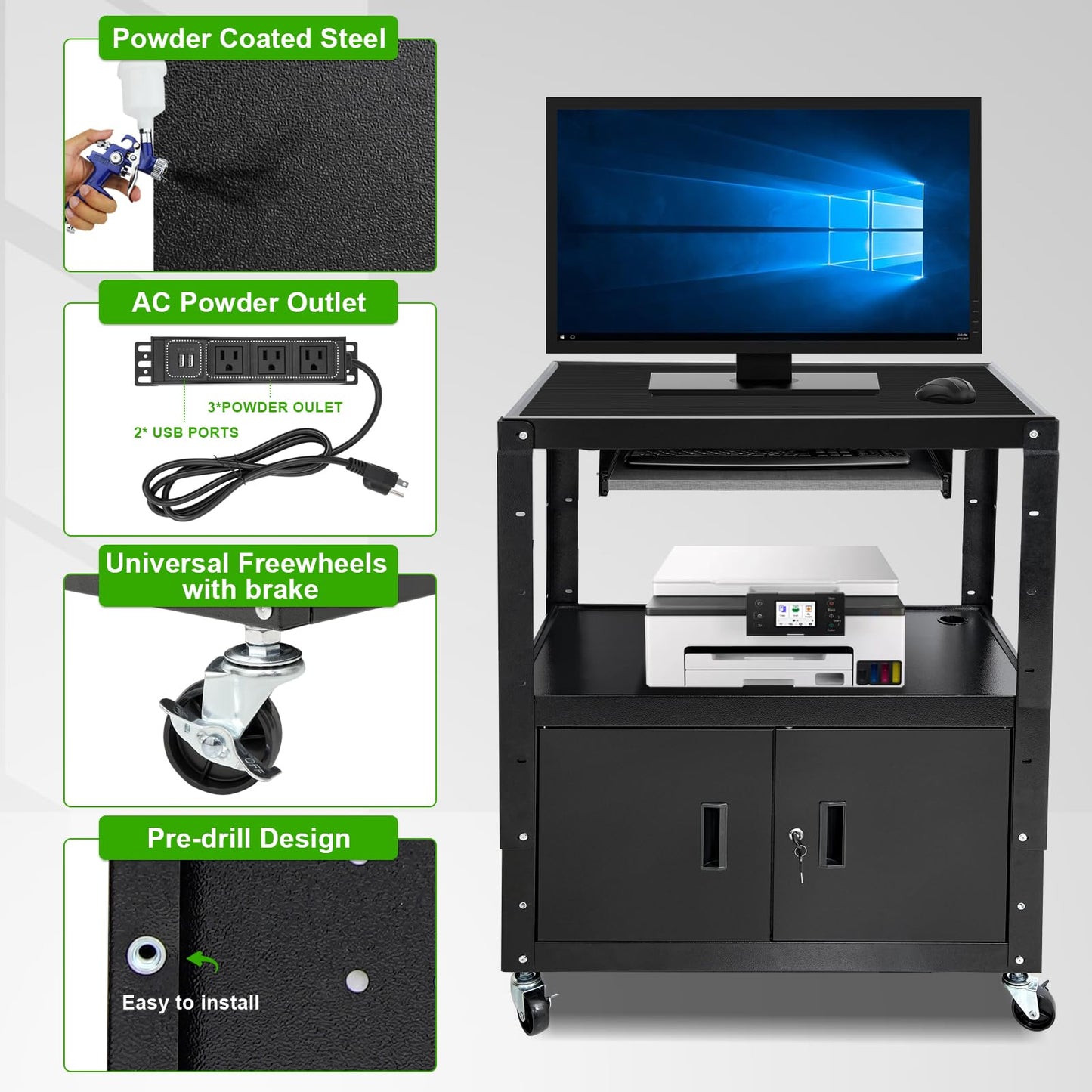 HONYTA AV Cart, Computer Steel Carts with Wheels and Power, Height Adjustable Rolling AV Carts with Locking Cabinet & Pullout Keyboard Tray, Projector Cart for School Office, 18”X 30.8”X 42”, Black
