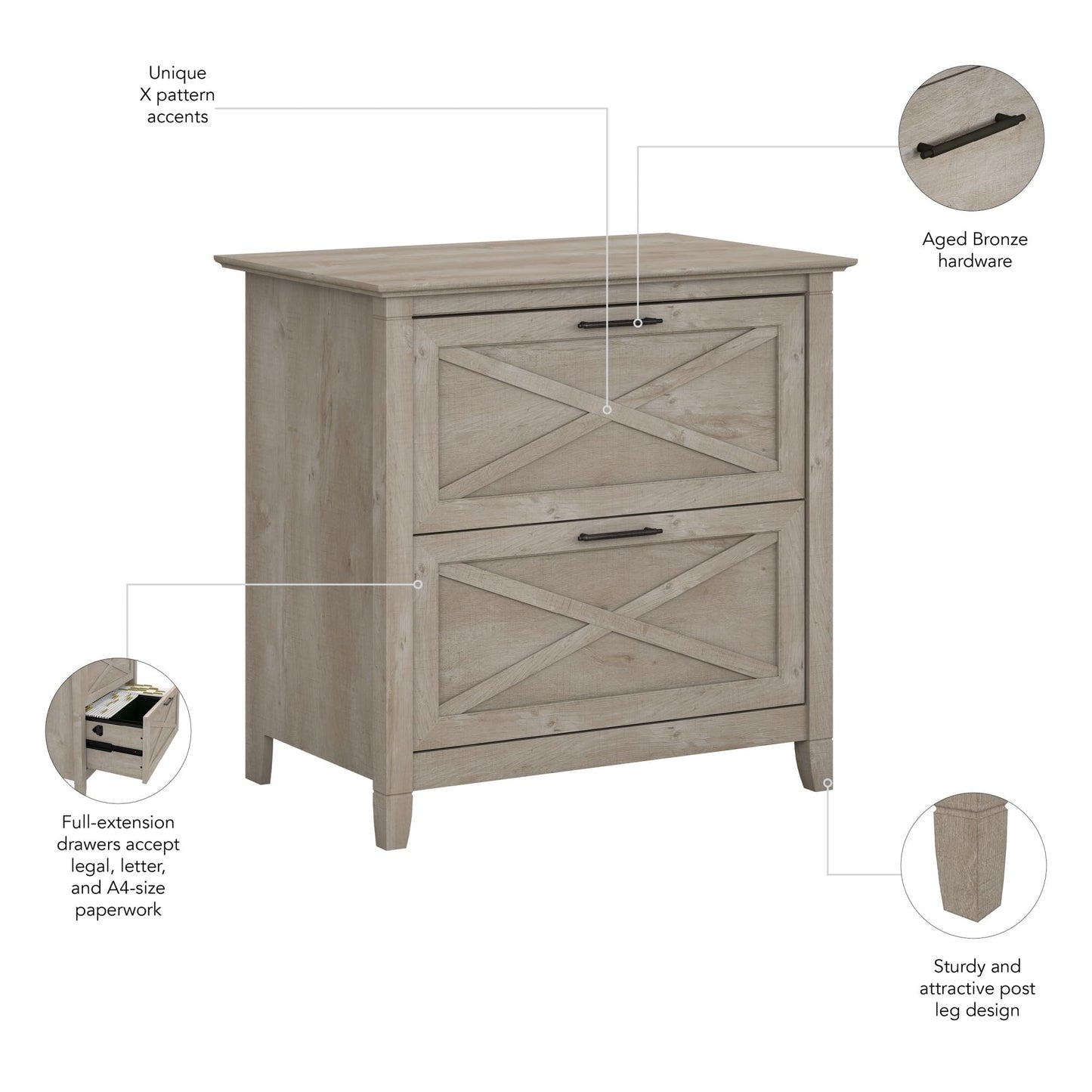 Bush Home Key West 2 Drawer Lateral File Cabinet in Washed Gray, Document Storage for Home Office, Accent Chest with Drawers