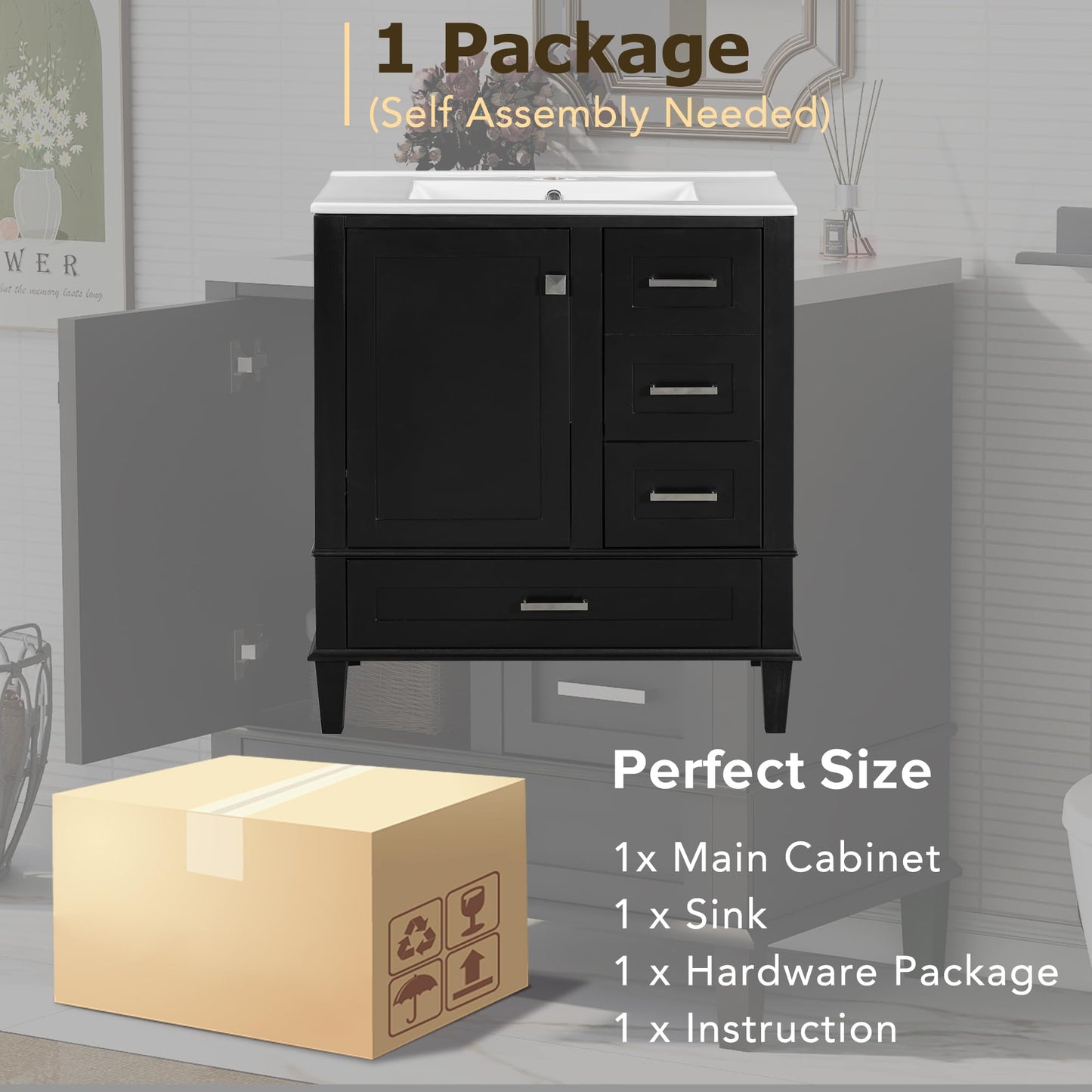 Merax 30" Black Bathroom Vanity with Sink Combo Set, Modern Storage Cabinet with a Soft Closing Door and 3 Drawers