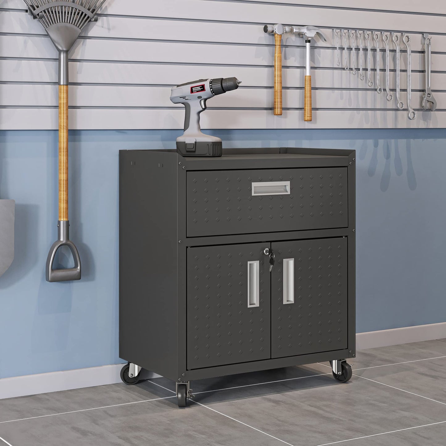 Manhattan Comfort Fortress Rolling Garage Storage Cabinet with Drawer & Adjustable Shelves, Lockable Metal Compartment for Tools, Heavy-Duty Mobile Utility Organizer with Wheels, Charcoal Gray