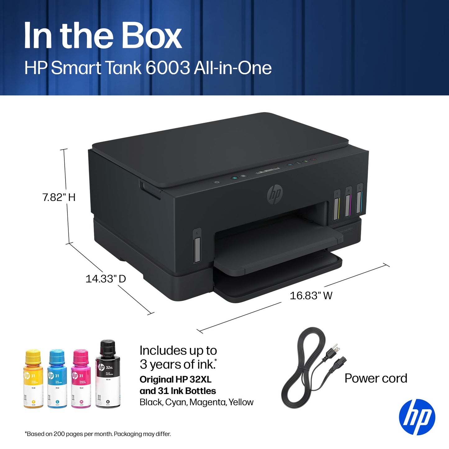 HP Smart Tank 6003 Wireless All-in-One Ink Tank Printer, Scanner, Copier with up to 3 Years of Ink Included, Best-for-Home, Cartridge-Free Refillable, AI-Capable (D35XXA)