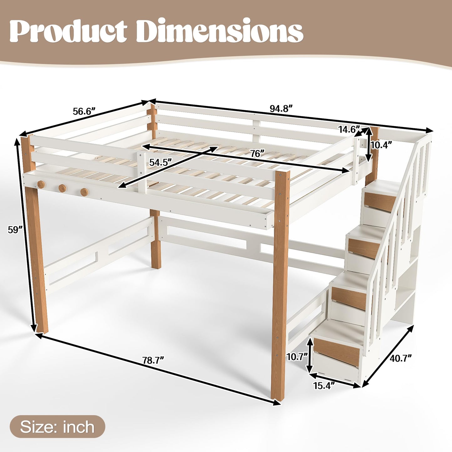 KEIKI Full Size Wooden Loft Bed Frame with Staircase & Clothes Hook & Built-in Storage Shelves, Modern Loft Bed with Solid Slat & Guardrail, No Box Spring Required, Easy Assembly, for Bedroom, Beige