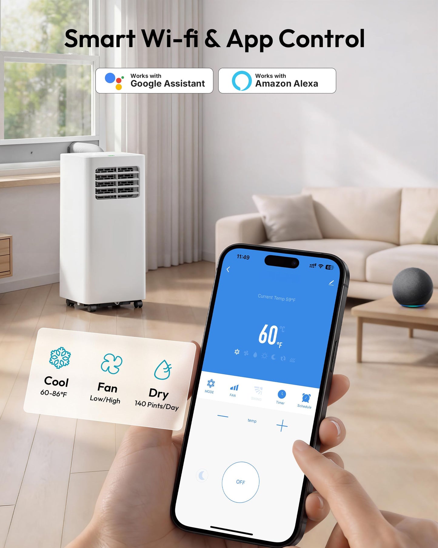 EUHOMY Portable Air Conditioners 14,000 BTU, Smart 4-in-1 Portable AC Unit Cools Up to 650 Sq.Ft, Cool, Dehumidifier, Fan, Remote/WiFi App Control, Window Kit for Bedroom, 350 CFM, 24H Timer