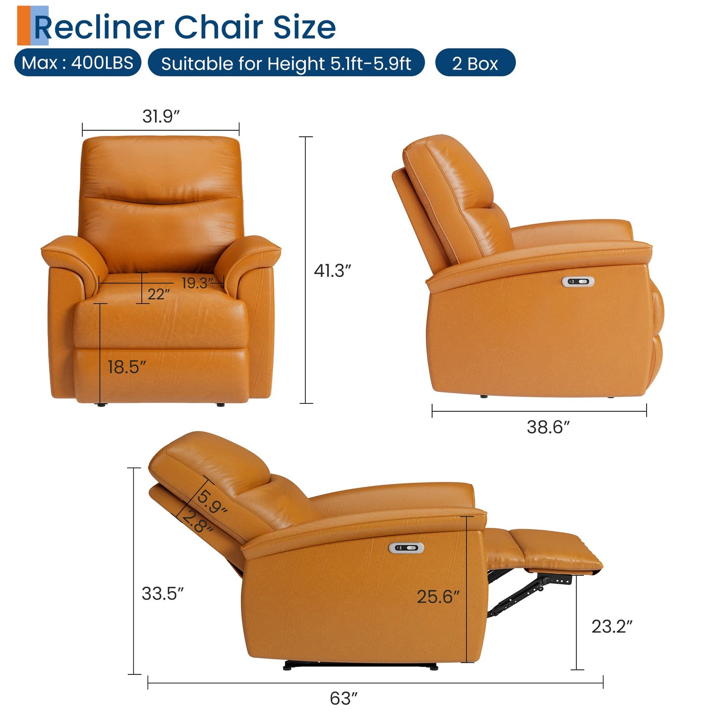 Garvee Power Recliner Chair, PU Leather Electric Reclining Armchair with Free Position, Oversized Armrest Lazy Chair Sofa for Adult, 350 Lb Capacity, Single Sofa for Living Room Bedroom, Brown