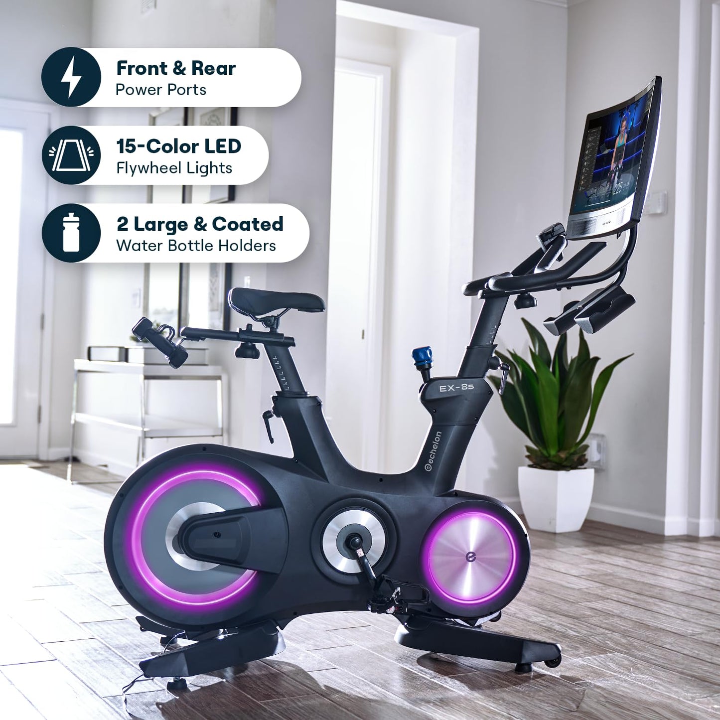 Echelon Connect EX-8s Smart Exercise Bike with 24 Inch HD Touchscreen, LED Flywheel, Bluetooth, 32 Resistance Levels, SPD Pedals, USB Port, Dumbbell Holders & Free 30-Day Echelon Fit App Membership