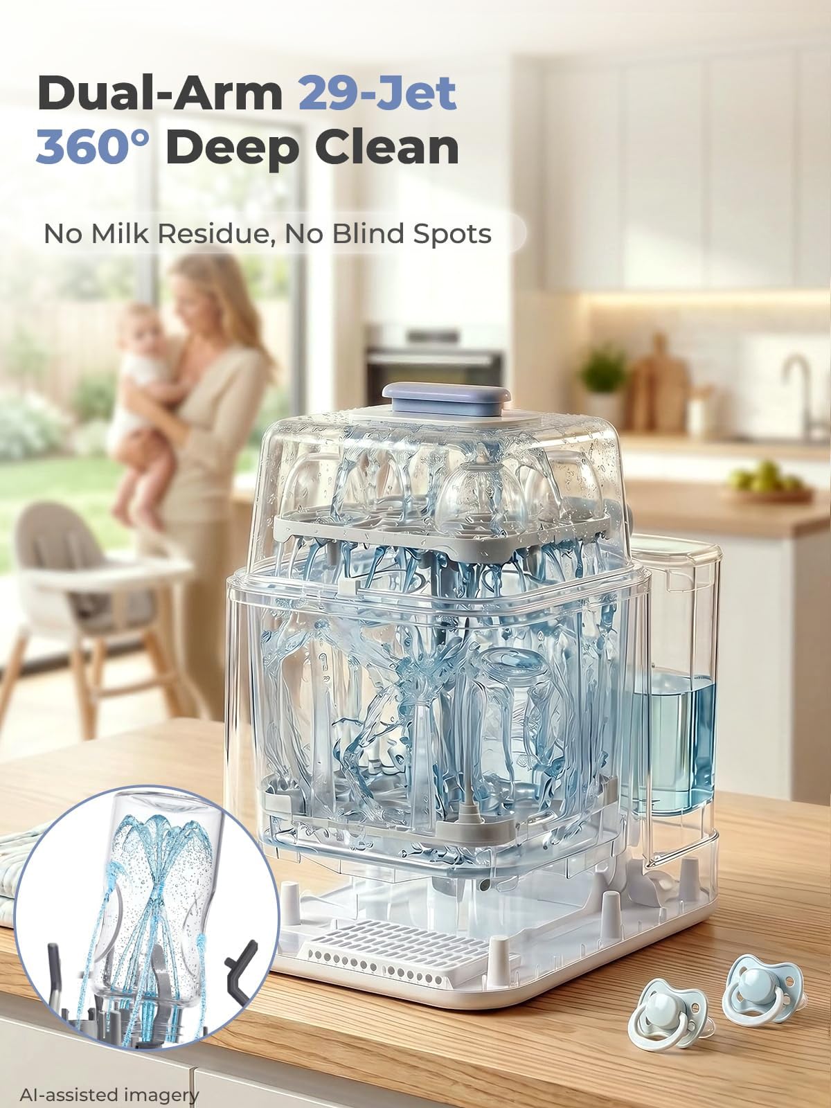 FOHERE All-in-One Baby Bottle Washer and Dryer, Automatic Bottle Cleaner Machine for Breast Pump Parts, Nipples, Newborn Essentials, High-Temp Steam & Deep Clean, 60 Detergent Tablets Included