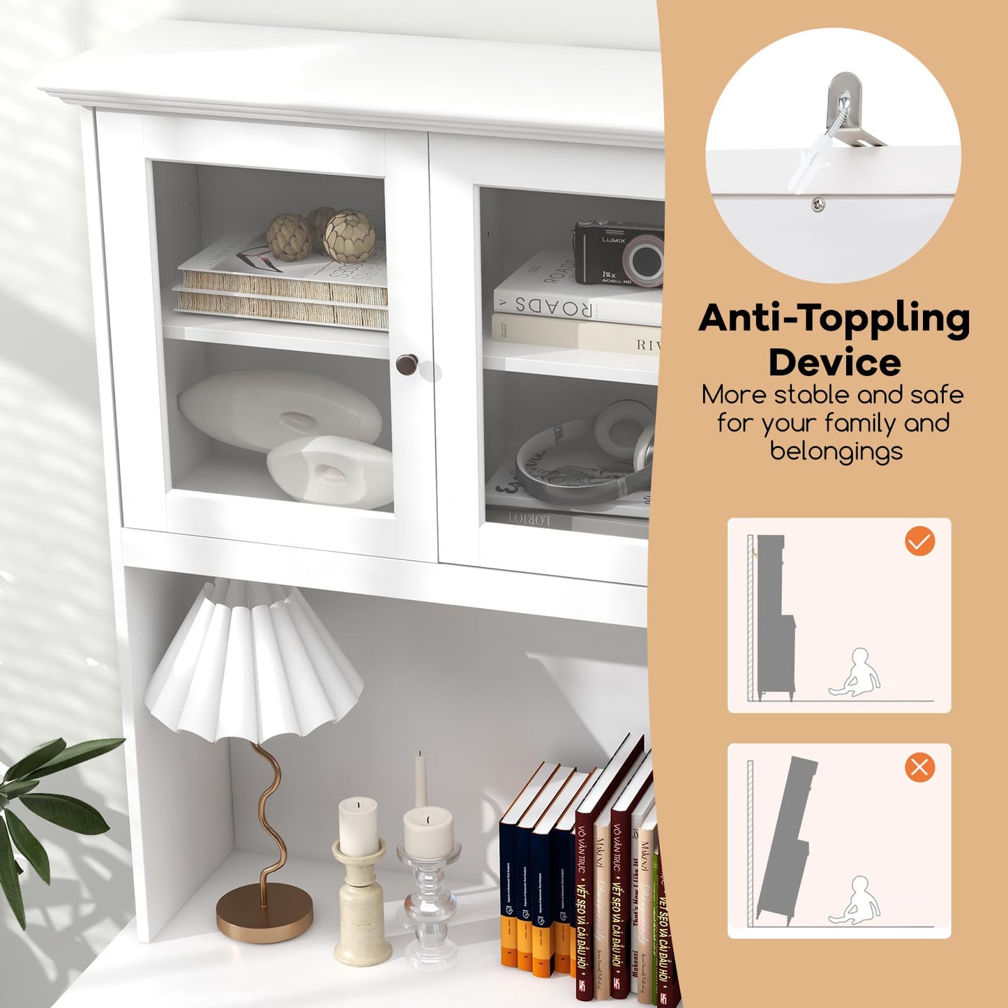 Giantex 77” Large Pantry Cabinet, Kitchen Buffet Hutch w/LED Lights 20 Colors, Outlet, 3 Drawers, Microwave Countertop, Freestanding Cupboard with 4 Adjustable Shelves & Tempered Glass Doors (White)