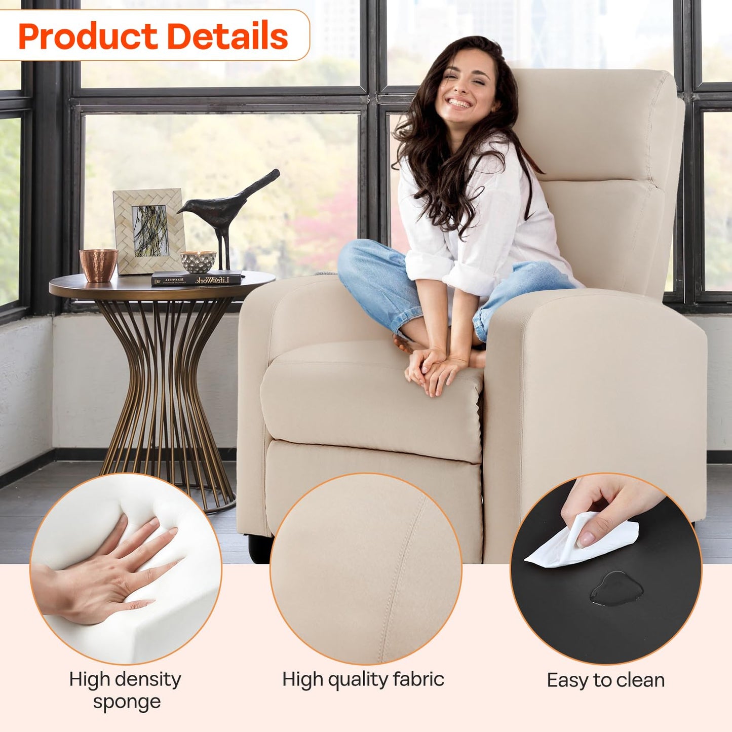 FDW Recliner Chair Massage Chair Reading Chair Reclining Sofa Home Theater Seating with Lumbar Support Massage and Padded Backrest for Living Room and Bedroom (Textile, Beige)