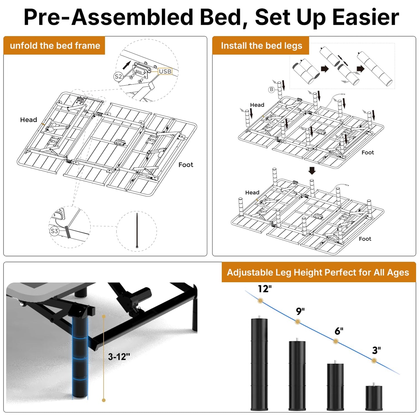 Adjustable Bed Frame King Size for Seniors (Grey, Queen (U.S. Standard))