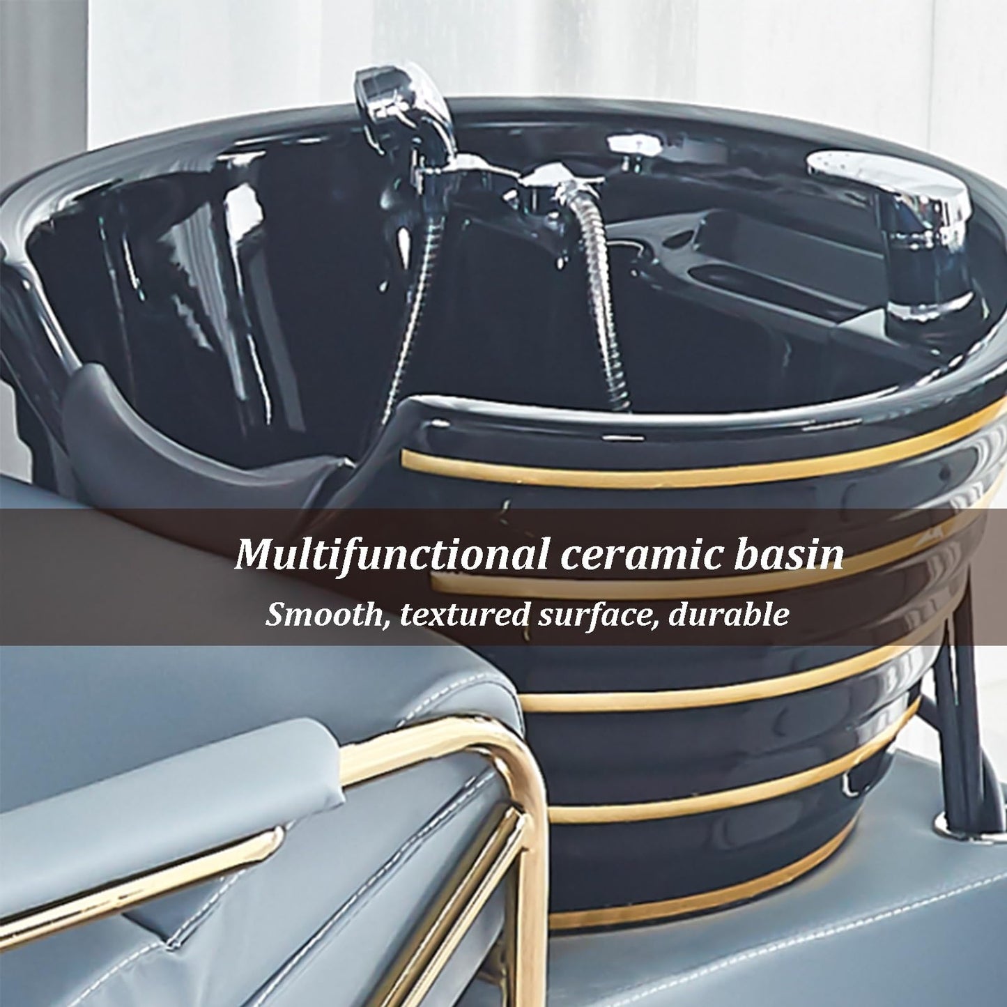 Shampoo Bowl and Chair Set for Salon, Lay-In Shampoo Backwash Unit with Separate Footstool & Metal Legs, High-Rebound Sponge for Spa Beauty Barbershop(A)