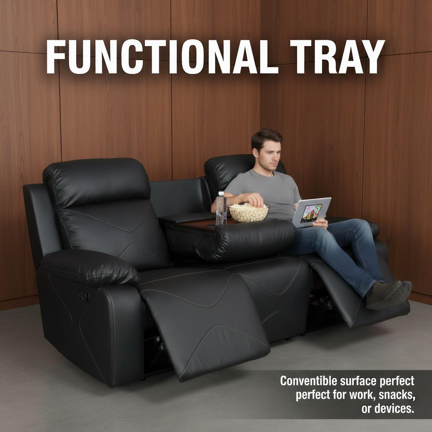 Trygoal Manual Recliner Sofa Set, Breathing Leather Reclining Couch with Storage Console, Cup Holders and Convertible Coffee Table, Adjustable Backrest Recliner Couch for Home Theater, Black