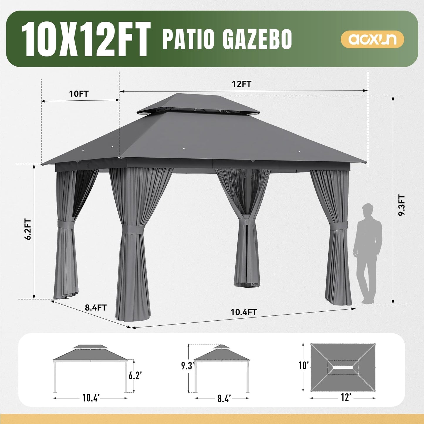 Aoxun Outdoor Gazebo for Patio 10x12, Metal Frame Canopy with Double Roofs, Heavy Duty Party Tent and Shelter with Mosquito Netting and Privacy Screen for Backyard, Lawn, Garden, Deck