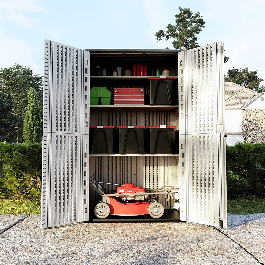 KINYING Outdoor Storage Shed Waterproof, Resin Vertical Storage Cabinet Double-Layered, Versatile to Store Patio Furniture, Garden Tools, Pool Accessories,Mower (66 Cu.ft,White)