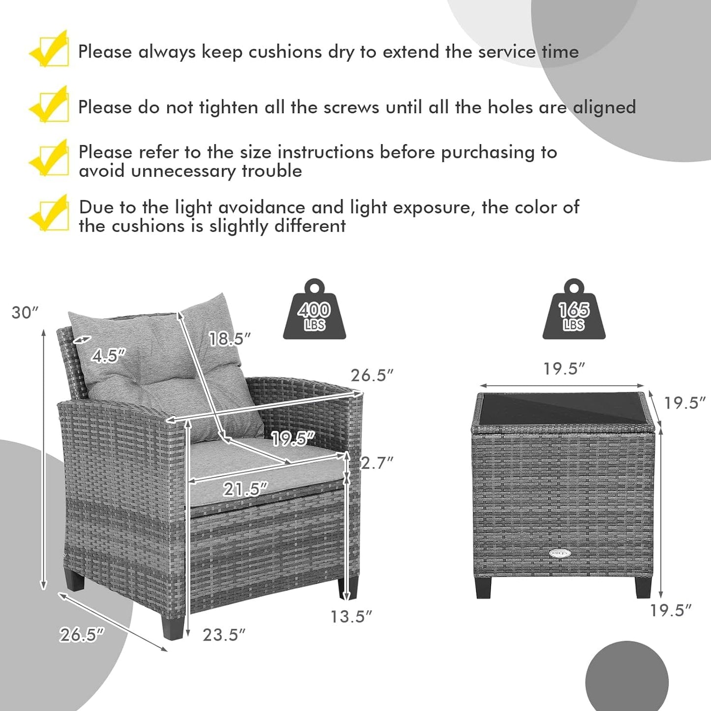 LDAILY Patio Furniture Set, 3 Pieces PE Rattan Wicker Patio Sofa Chairs with Washable Cushion & Glass Table, Outdoor Furniture Conversation Sets for Porch, Balcony, Garden, Poolside (Gray)