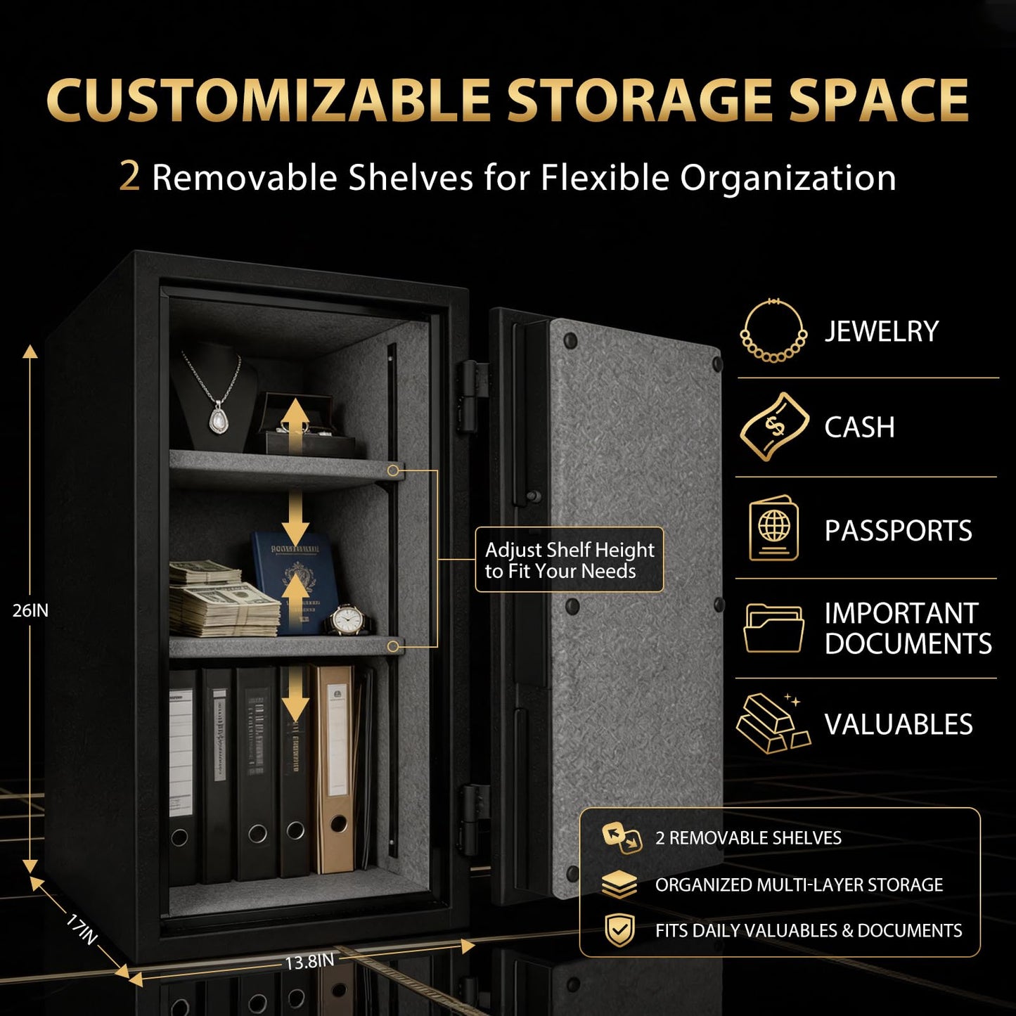 TIGERKING Fireproof Safe for Home Office, 3.47 Cu Ft Heavy Steel Security Safe with 30-Min Fire Protection at 1200°F, Digital Keypad Lock, Removable Shelves for Documents Cash Jewelry