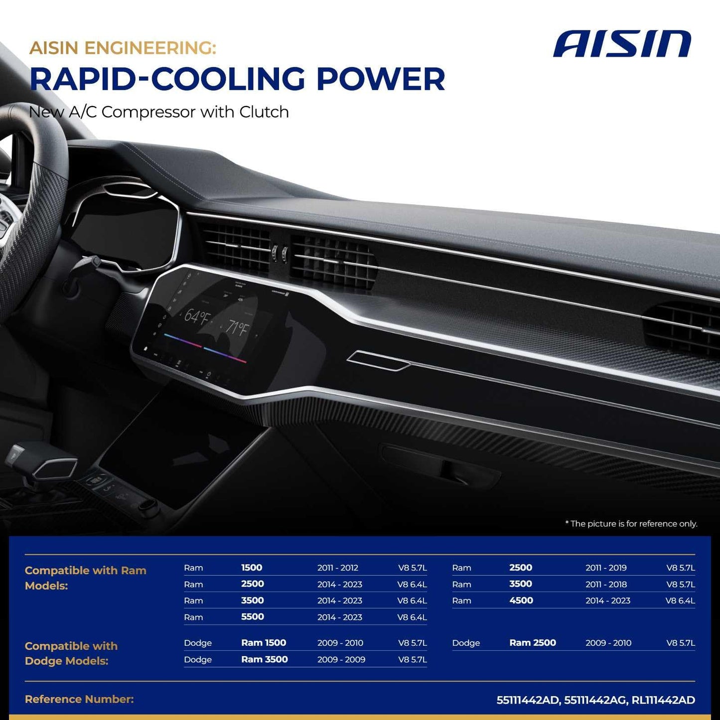 AISIN AFTERMARKET ACCAZ-00056 Air Conditioner AC Compressor - Compatible with Ram 1500 2011-2012, 2500 3500 2011-2023 5.7L 6.4L, Dodge Ram 1500 2500 2009-2010 5.7L - with 6-Pulley Groove, with Clutch