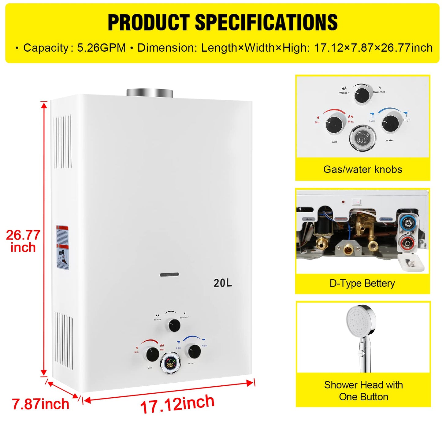 Tankless Water Heater Propane 5.26GPM 20L Outdoor Portable Gas Hot Water Heaters Instant Propane Water Heater with Digital Display Multi-Protection for Camping Trips Boat Cabins