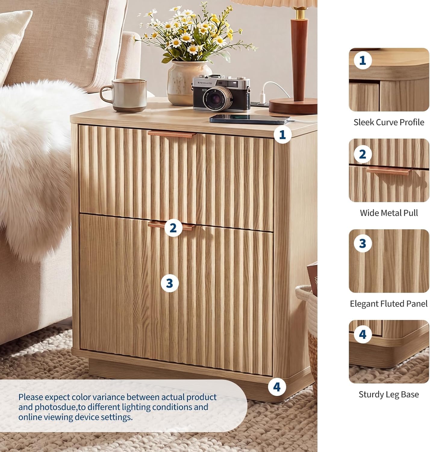 23'' Fluted Nightstand, Mid Century Night Stand with 2 Drawers, Metal Handle & Charging Station, Wood Nightstand with Curved Profile, Modern Side Table for Bedroom, Living Room, Oak