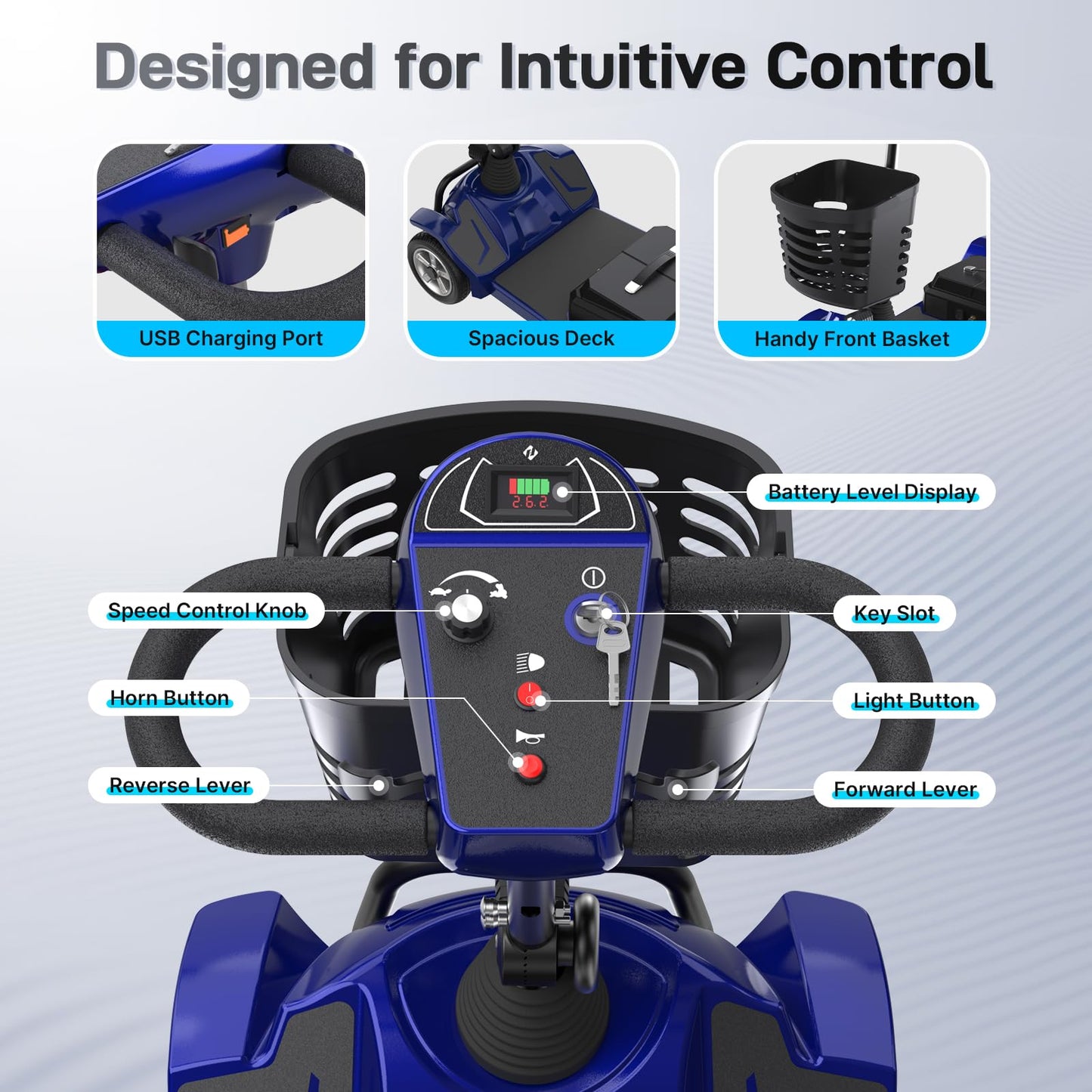 Hoverfly T4 Mobility Scooter for Seniors, Max 12.4-Mile Range & 3.7 mph, 3-Position Seat & Anti-slip Rear Wheel, Removed Battery&Quick Fold Design, Solid 9" Tire&330 lb Capacity, Ease of Assembly Blue
