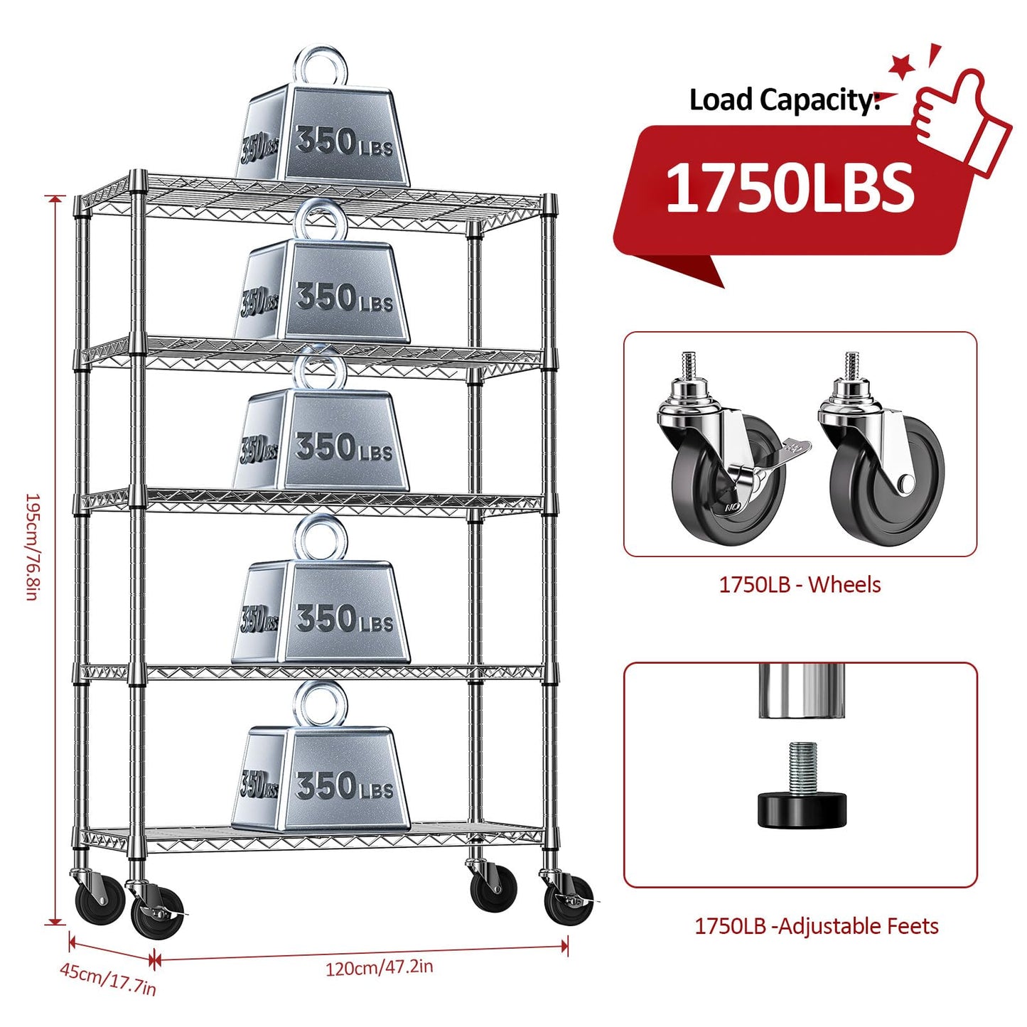 IZEUK 5-Tier Storage Shelving Unit with Wheels, Adjustable Heavy Duty Steel Wire Rack Organizer (Chrome, 17.7" D x 47.2" W x 76.7" H, 1750 lbs Capacity) for Garage, Kitchen, Pantry, Laundry, Basement