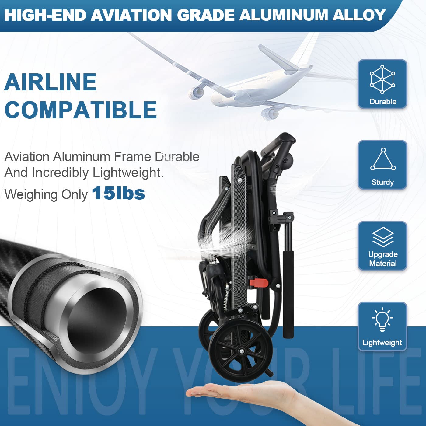 Only 15lbs Transport Wheelchairs, with Telescopic Handle, Carry Bag Include, Travel Wheelchairs for Adults Lightweight Foldable,Ultra Lightweight Folding Wheelchair, Support 220lbs