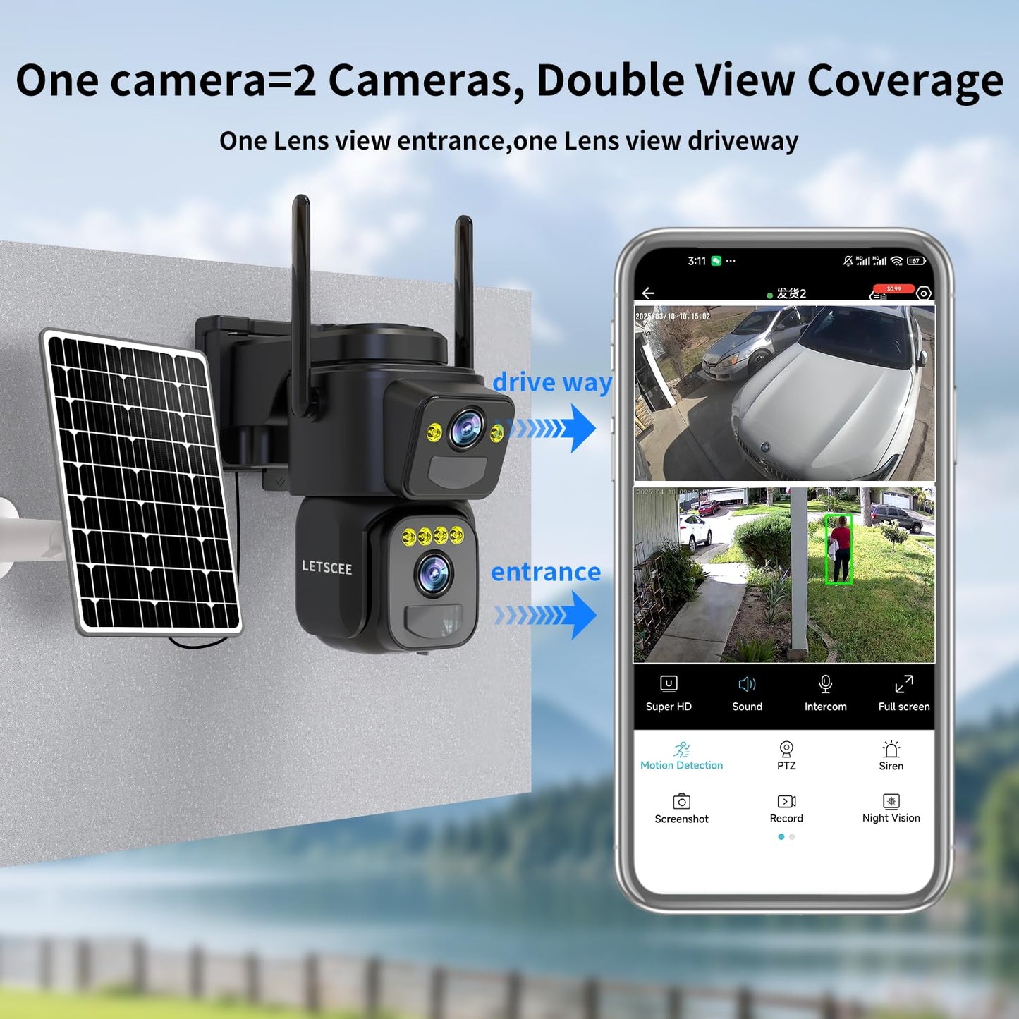 LETSCEE Dual Lens Security Cameras Wireless Outdoor，Solar Cameras for Home Security，Motion Detection,Night Vision,No Month Fee,IP65 Water Proof