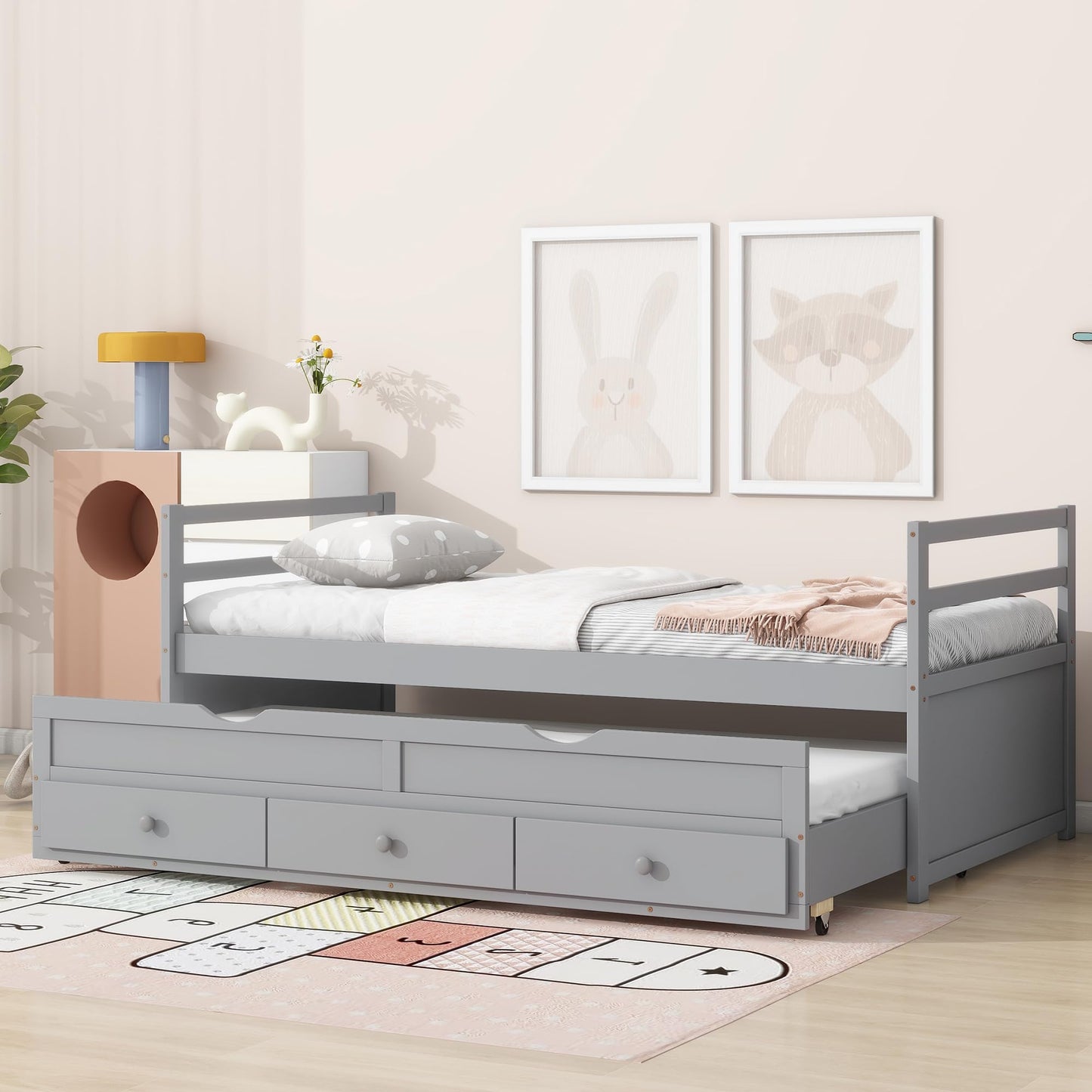 KEIKI Twin Bed Frame with Trundle & 3 Storage Drawers, Modern Captain’s Bed, Pine Platform Corner Bed with Headboard & Footboard for Living Room, Guest Room, or Bedroom, Gray