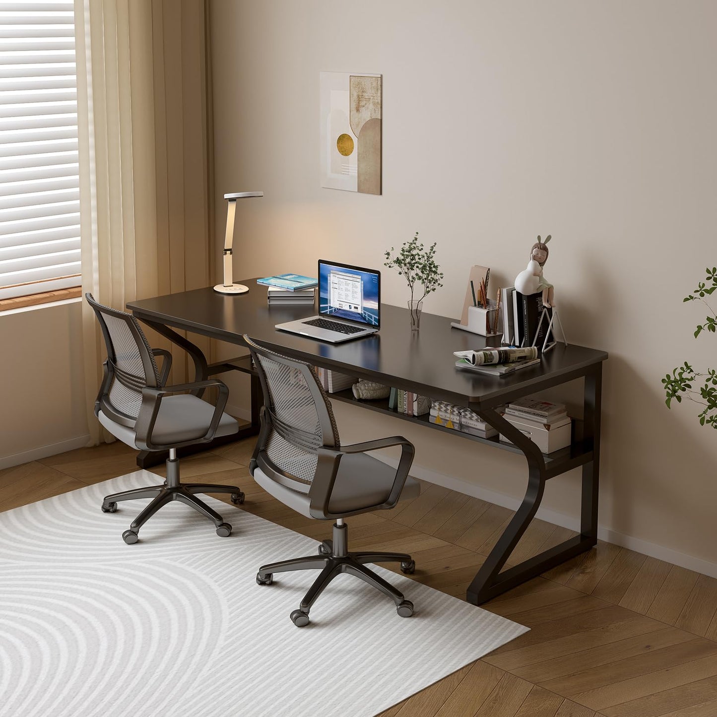 OSCHF Extra Long Desk with Bookshelf - 63" Double Long Writing Table for 2-Person Workstation, Modern Study Work Computer Desk for Home and Office, Black