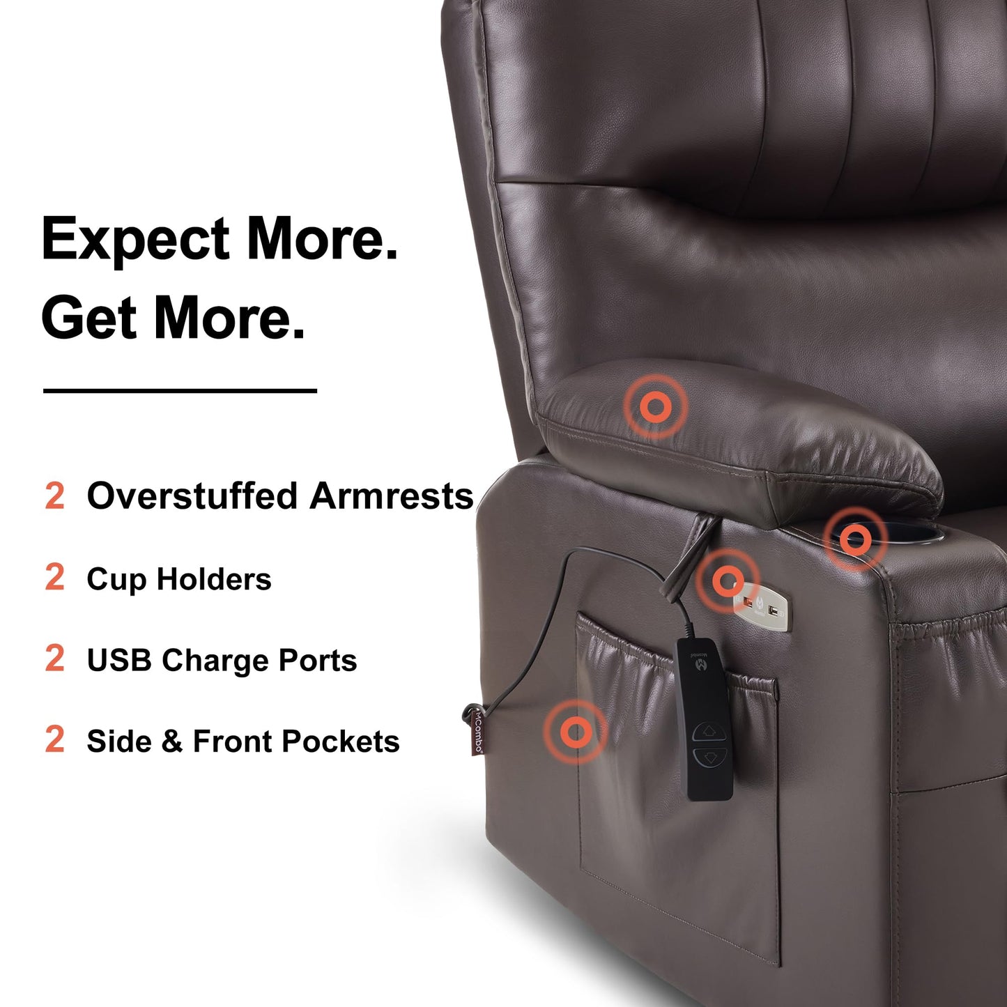 MCombo Oversized Swivel Glider Rocker Power Recliner Chair for Living Room with Heat and Vibration Massage, USB Ports, Cup Holders and Pockets, Faux Leather 7785 (Chocolate Brown)