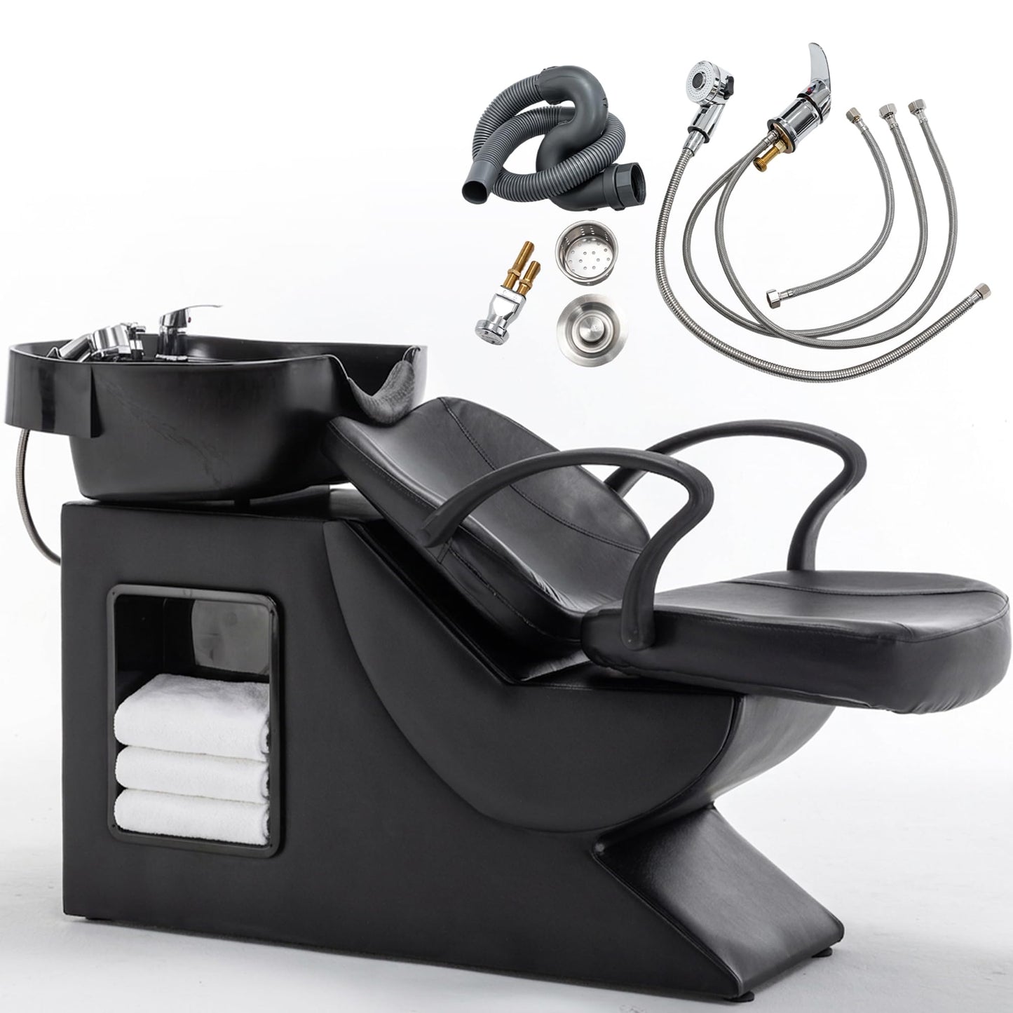 Shampoo Bowl and Chair Set for Salon, Hair Washing Backwash Shampoo Station Unit with ABS Sink & PU Leather Chair, Shampoo Bowl Sink Chair with Side Storage for Spa Barbershop Beauty, Black (Small)