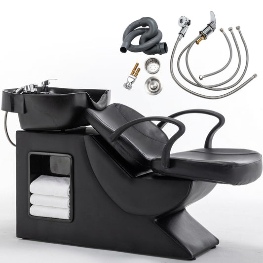 Shampoo Bowl and Chair Set for Salon, Hair Washing Backwash Shampoo Station Unit with ABS Sink & PU Leather Chair, Shampoo Bowl Sink Chair with Side Storage for Spa Barbershop Beauty, Black (Small)