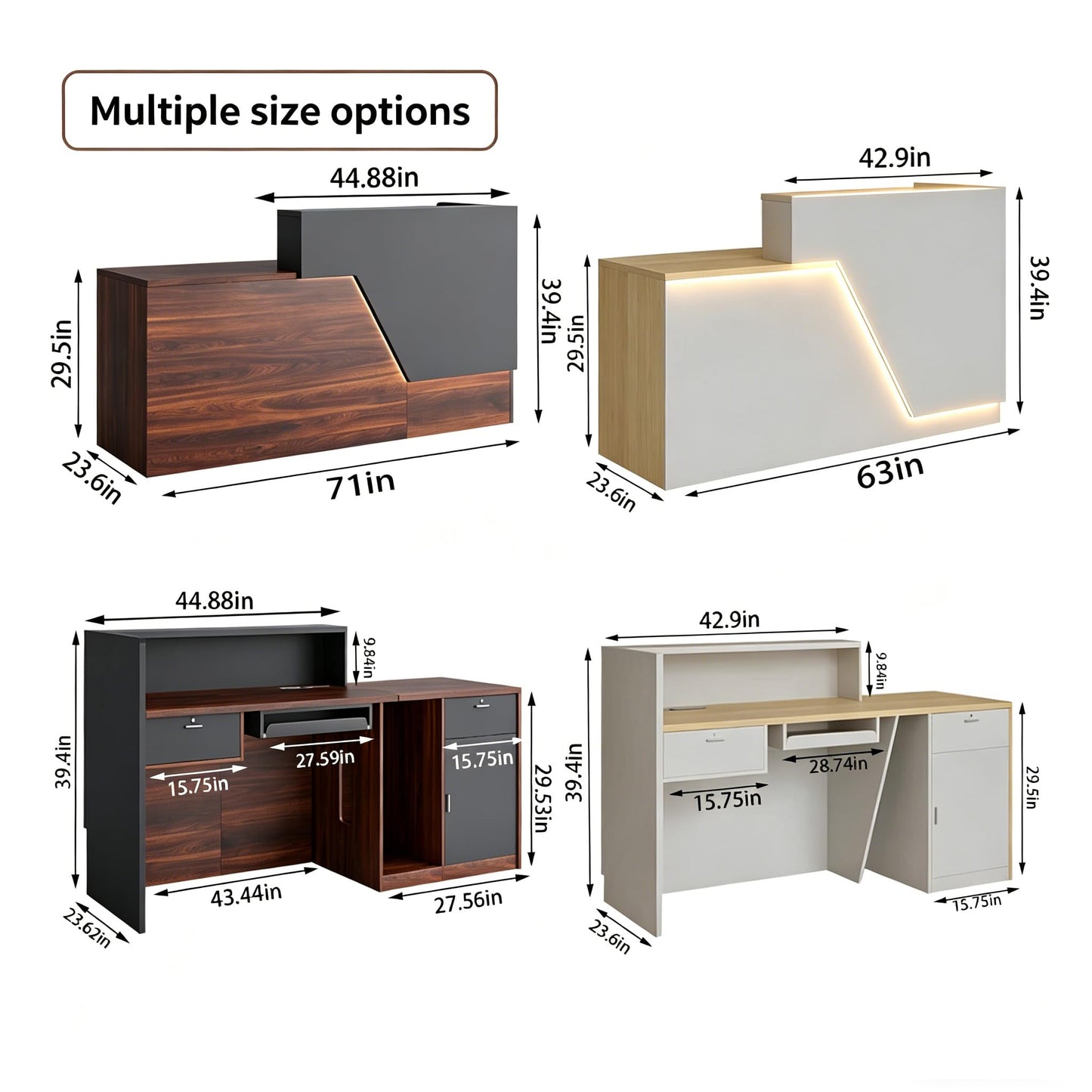 ansespl L Shaped Reception Desk with Counter,63/71inch Reception Room Table with Lockable Drawers & Keyboard Tray, for Office, Salon, Hotel & Clinic (Walnut/Slate Gray, 63" L x 23.6" W x 39.4" H)